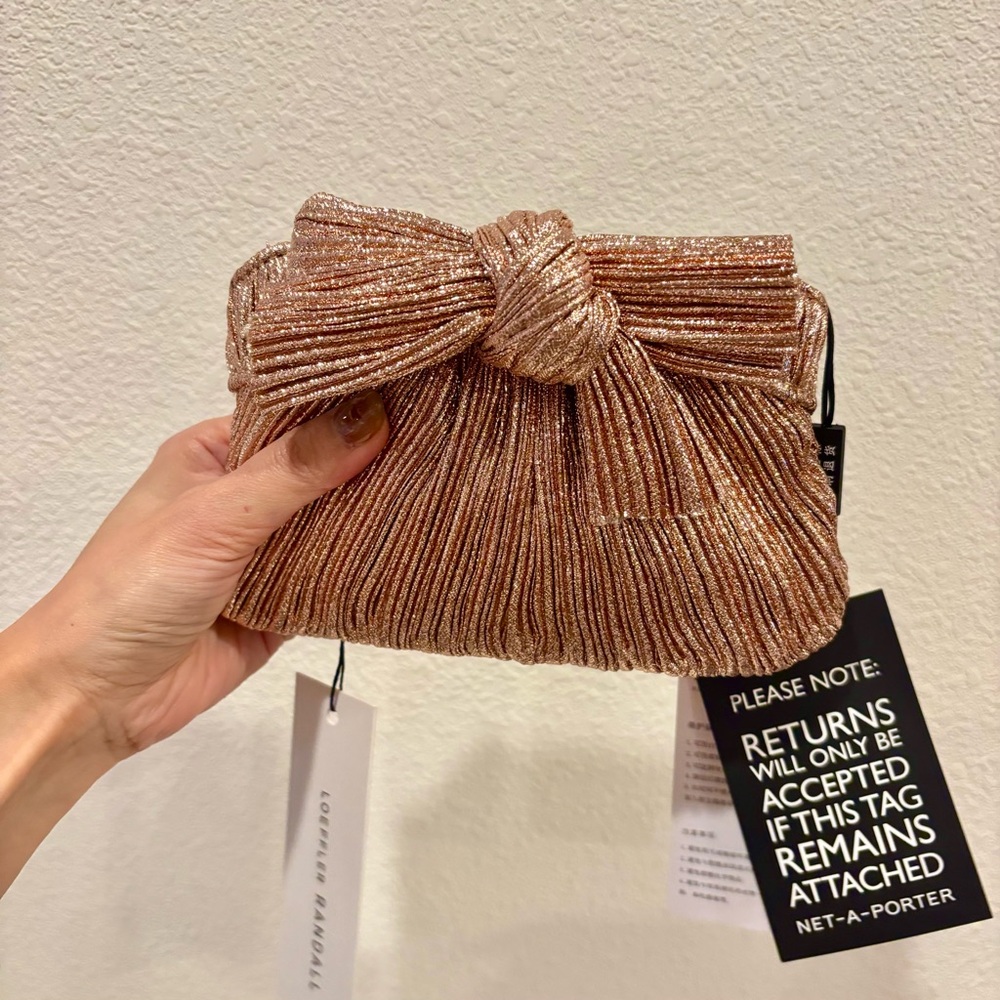 Loeffler Randall Gold Clutch Bag Rayne bow-embellished plissé-lamé NEW
